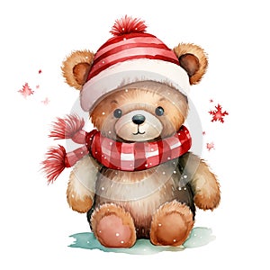 Watercolor cute childish christmas bear in winter hat isolated on white background