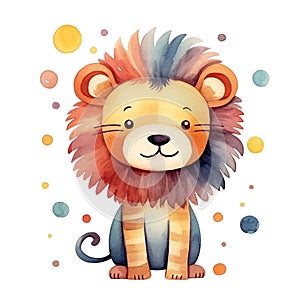 Watercolor cute childish colorful lion isolated on white background