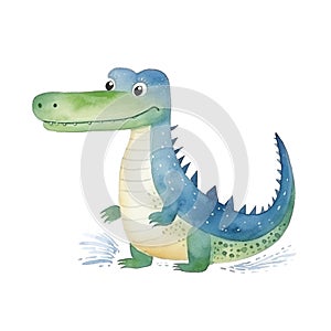 Watercolor cute childish crocodile isolated on white background