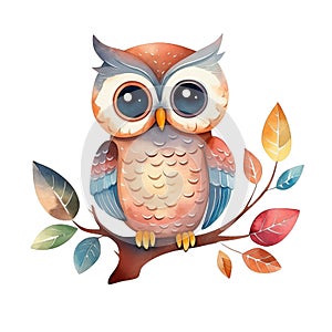 Watercolor cute childish owl perched on a branch isolated on white background
