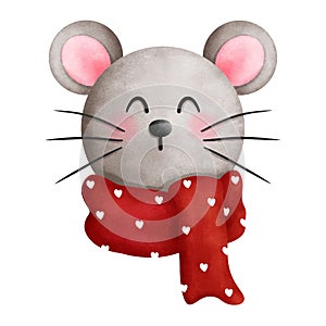 Watercolor cute christmas baby mouse illustration with red scarf.Christmas animal head clipart