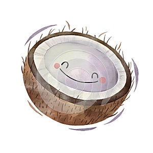 Watercolor cute coconut cartoon character