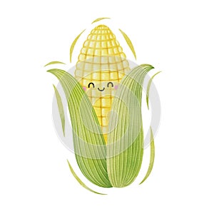 Watercolor cute corn cartoon character. Vector illustration