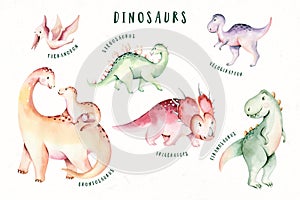 Watercolor cute dino. Dinosaurs Set Isolated on a White Background Hand Drawn Illustration, Baby shower invitation kids birthday