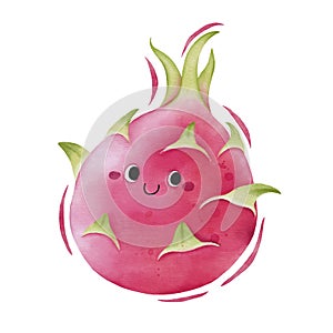 Watercolor cute dragon fruit cartoon character