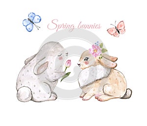 Watercolor cute Easter bunnies set. Hand painted baby rabbits and spring flowers, isolated on white background. Cartoon style