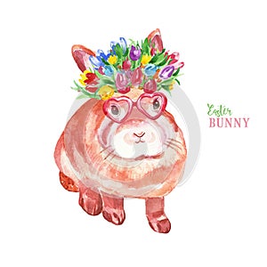 Watercolor cute Easter bunny. Hand painted small rabbit in flower crown and sunglasses, isolated on white background. Baby animal