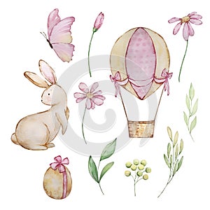 Watercolor cute Easter set, bunny, delicate flowers