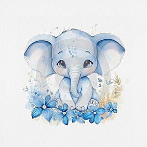 Watercolor cute elephant with blue flowers