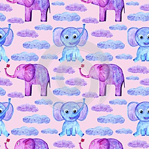 Watercolor cute elephants and clouds seamless pattern