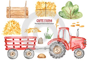 Watercolor cute farm with a red tractor with a trailer, hay, plate, bush