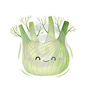 Watercolor cute fennel cartoon character. Vector illustration