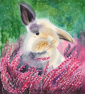 Watercolor cute fluffy rabbit on the field of pink flowers