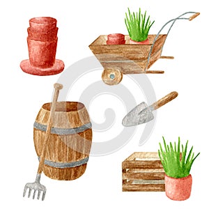 Watercolor cute gardening clipart elements. Hand drawn wooden cask, box and wheelbarrow, seedling and herbs, empty flower pots,