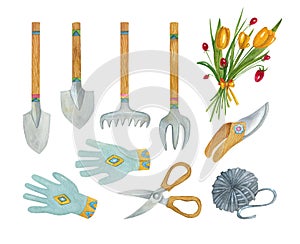 Watercolor cute gardening tool illustration.