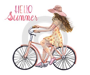 Watercolor cute girl in beach hat is riding a bicycle illustration