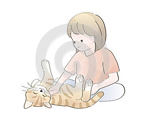 Watercolor Cute Girl Playing With A Cat. Vector Illustration.