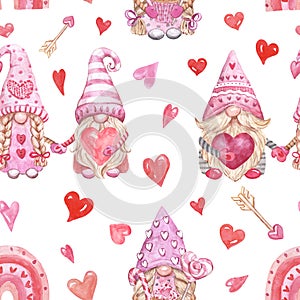 Watercolor cute gnomes seamless pattern. Valentines day themed design. Hand drawn Nordic gnome print. Pastel pink color palette.