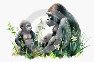 Watercolor cute gorilla mother and baby in gras. Generative ai