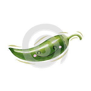 Watercolor cute green chilli cartoon character. Vector illustration