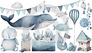 Watercolor cute hand drawn seamless pattern with whale, penguin, fish, boat, beach, sea life elements.