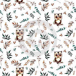 Watercolor cute hand drawn seamless pattern. Wild forest animals. Cheerful owl.