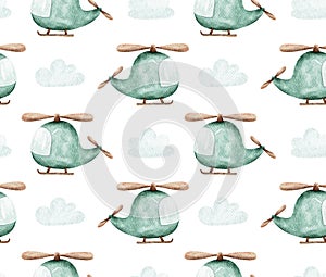 Watercolor cute helicopter pattern. Kids toy cartoon copter background