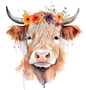 Watercolor cute highland cow with flowers wreath painting. Created with Generative AI photo