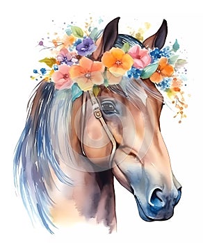 Watercolor cute horse in flowers wreath painting. Realistic wild animal illustration. Created with Generative AI technology