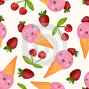 Watercolor cute ice cream in waffle cone seamless pattern, strawberry and cherry vector background