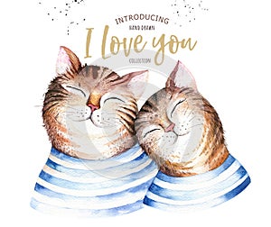 Watercolor cute isolated cat ilustration. Love cartoon cats character for valentine`s card. Nursary art design.