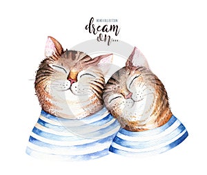 Watercolor cute isolated cat ilustration. Love cartoon cats character for valentine`s card. Nursary art design.