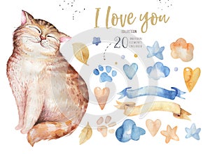 Watercolor cute isolated cat ilustration. Love cartoon cats character for valentine`s card. Nursary art design.