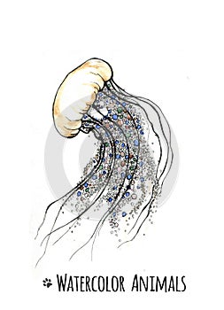 Watercolor cute jellyfish. Funny illustration