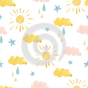 Watercolor cute kids seamless pattern with sun, sky cloud, run. Childish nursery abstract pattern for baby shower