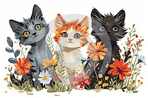 Watercolor cute kitten cats clip art with bright colored boho spring flowers illustration background