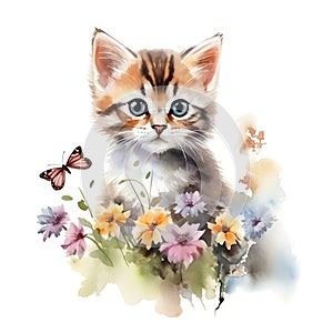 Watercolor Cute Kitten Clipart With Flowers