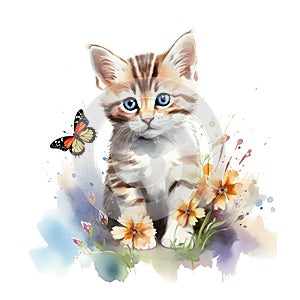 Watercolor Cute Kitten Clipart With Flowers