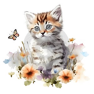 Watercolor Cute Kitten Clipart With Flowers