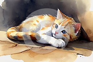 Watercolor of a cute kitten stretching lazily in a sunbeam