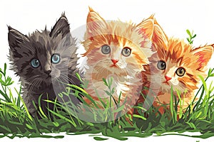 Watercolor Cute Kittens cats cartoon animals green grass vector illustration background