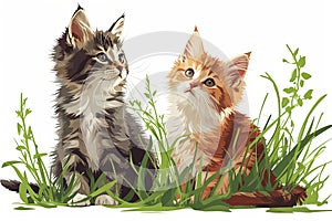 Watercolor Cute Kittens cats cartoon animals green grass vector illustration background