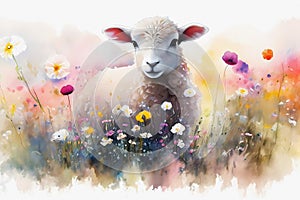 Watercolor cute lamb in flower field. Generative ai