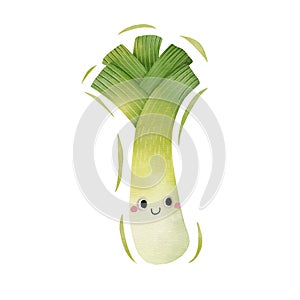 Watercolor cute leek cartoon character. Vector illustration