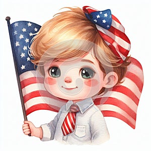 Watercolor Cute little boy with American flag isolated on white background.