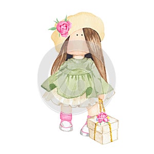 Watercolor cute little girl tilda doll