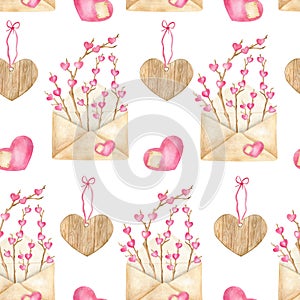 Watercolor cute love seamless pattern. Hand drawn Valentine's day background with craft envelope, wood branches