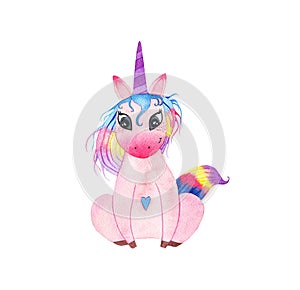 Watercolor cute magic pink unicorn with horn sitting isolated on white background