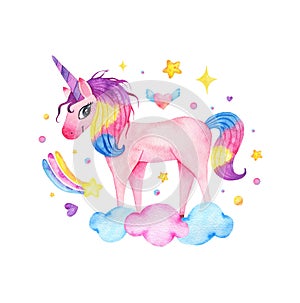 Watercolor cute magic pink unicorn with rainbow, clouds and star isolated