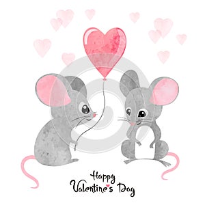 Watercolor cute mice in love. Valentine`s day card